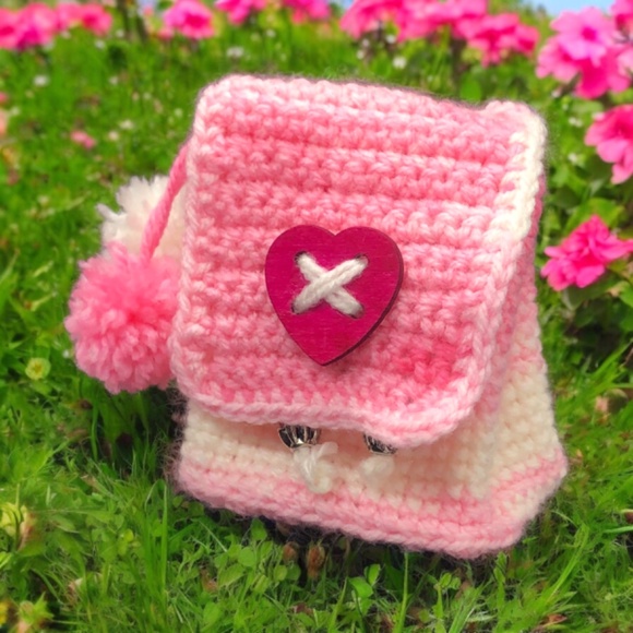 Bubblegum Pink & White Crochet Mini Backpack Keychain w/ Pom Poms, Heart Button - Picture 6 of 14